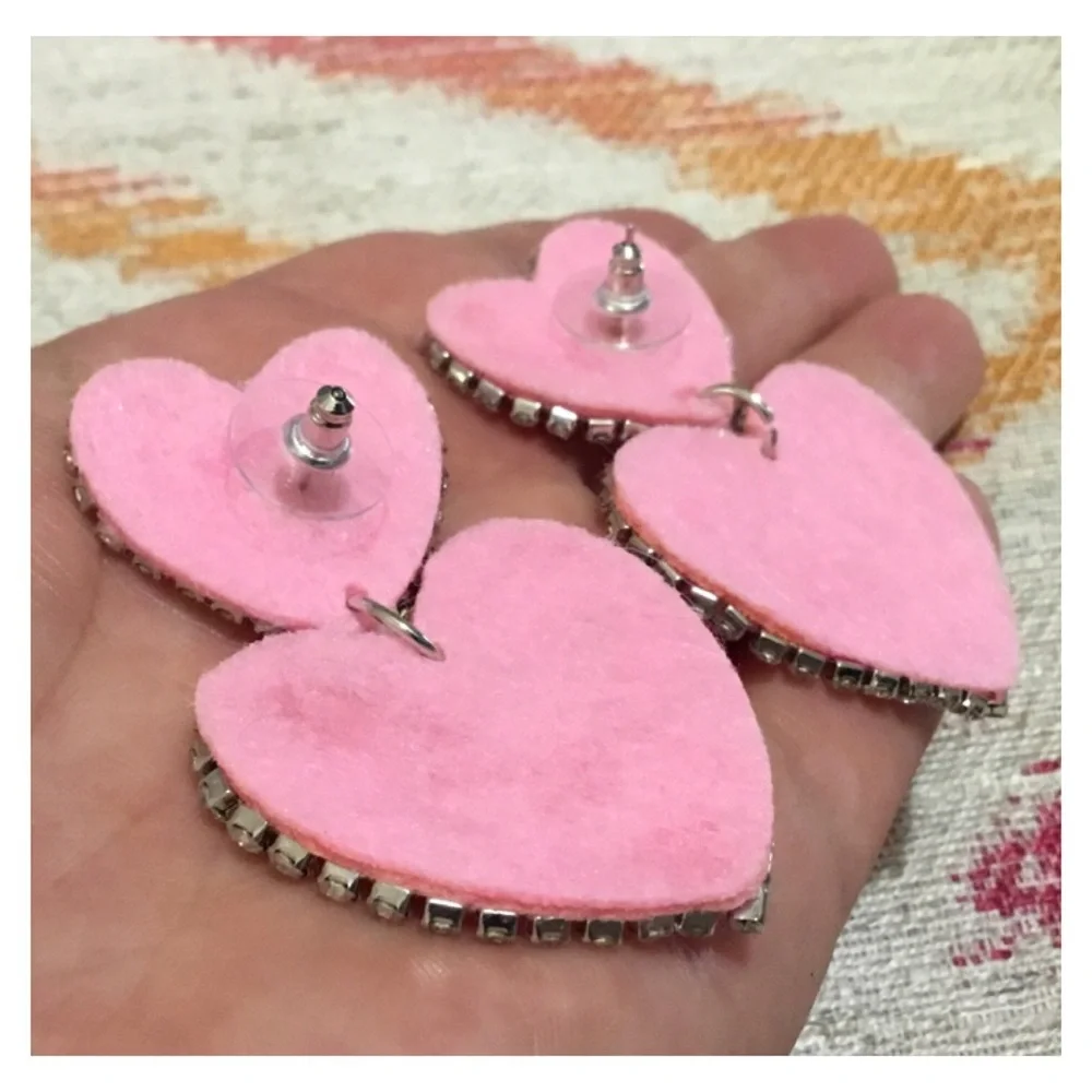 New! Large Pink Bead Rhinestone Hearts Studded Earrings